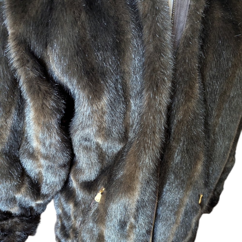 Reversible Chocolate Brown Suede & Plush Faux Mink Coat Luxe Winter Old Money L - Picture 9 of 12
